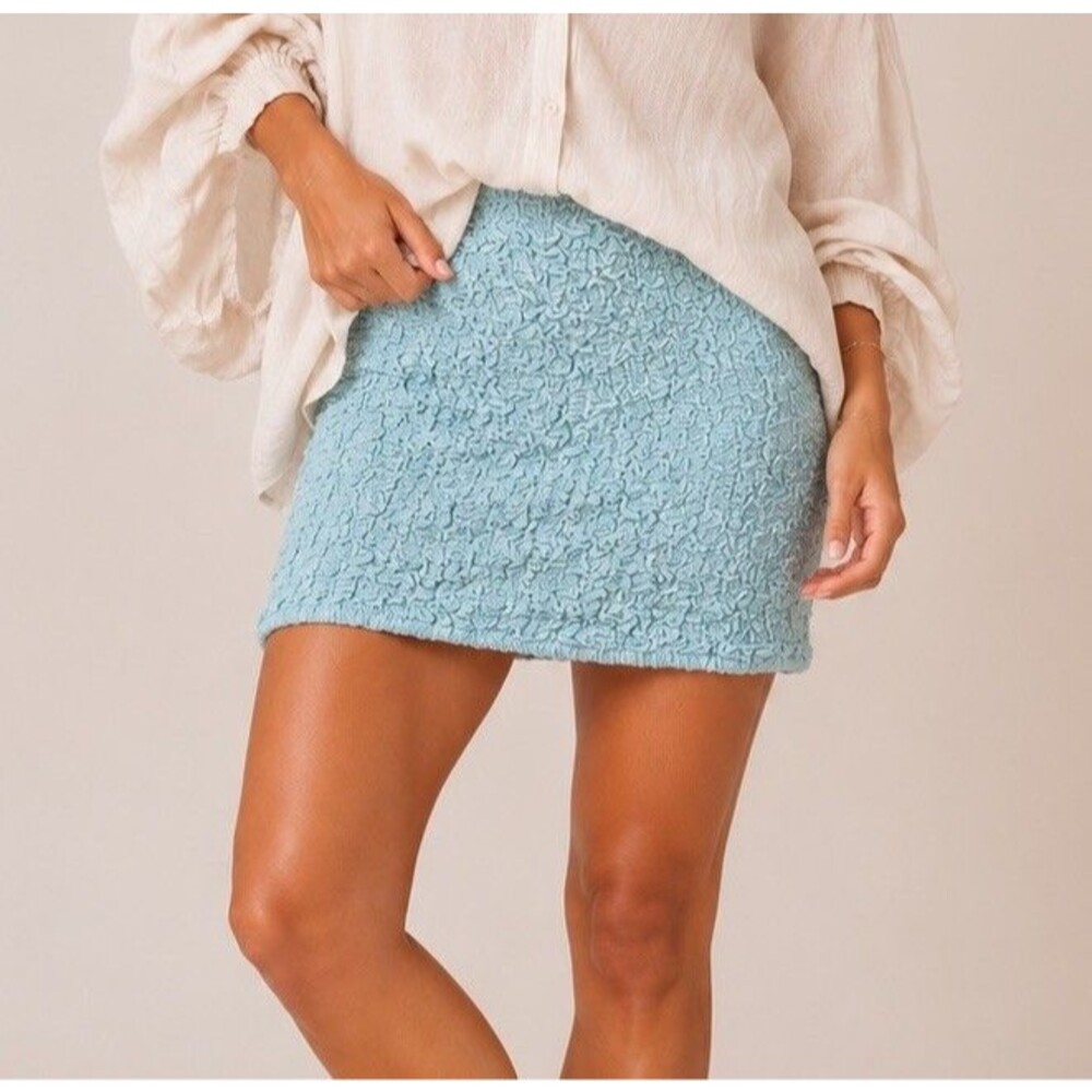 Free People Mini Skirt Women Sz L Aqua Blue Smocked Textured Boho Romantic NWOT